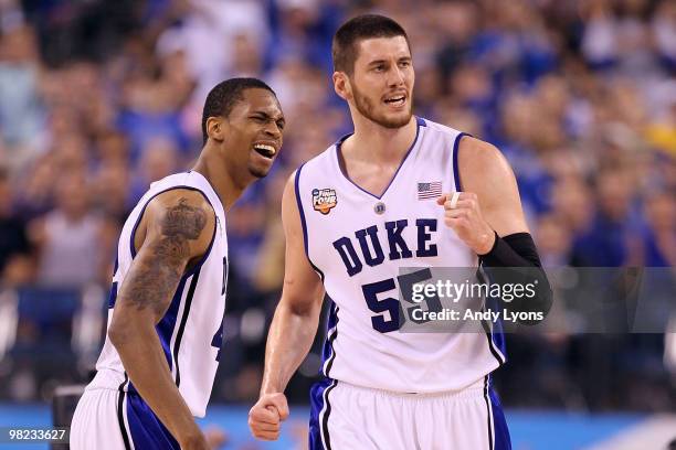 Brian Zoubek and Lance Thomas of the Duke Blue Devils react to a play in the first half against the West Virginia Mountaineers during the National...