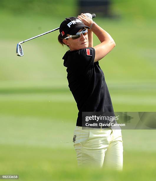 Gwladys Nocera of France on the 18th hole during the third round of the 2010 Kraft Nabisco Championship, on the Dinah Shore Course at The Mission...