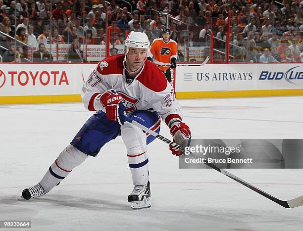 Benoit Pouliot of the Montreal Canadiens skates against the Philadelphia Flyers at the Wachovia Center on April 2, 2010 in Philadelphia, Pennsylvania.