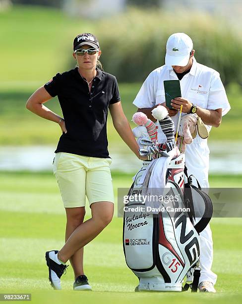 Gwladys Nocera of France on the 18th hole during the third round of the 2010 Kraft Nabisco Championship, on the Dinah Shore Course at The Mission...