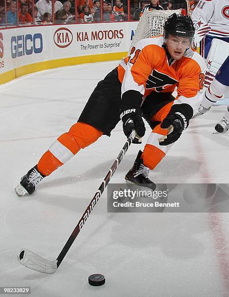 James van Riemsdyk of the Philadelphia Flyers skates against the Montreal Canadiens at the Wachovia Center on April 2, 2010 in Philadelphia,...