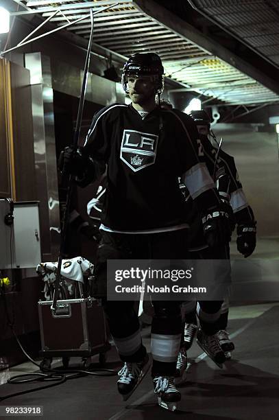 Michal Handzus of the Los Angeles Kings prepares to take the ice prior to the game against the Anaheim Ducks on April 3, 2010 at Staples Center in...