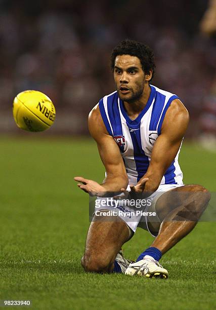 Daniel Wells of the Kangaroos marks during the round two AFL match between the St Kilda Saints and the North Melbourne Kangaroos at Etihad Stadium on...