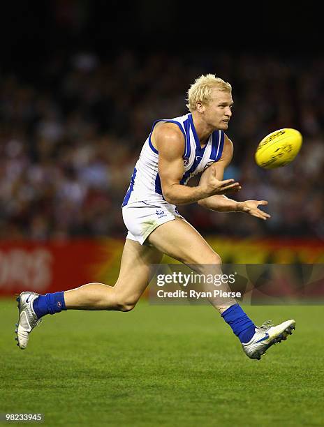Ben Warren of the Kangaroos marks during the round two AFL match between the St Kilda Saints and the North Melbourne Kangaroos at Etihad Stadium on...