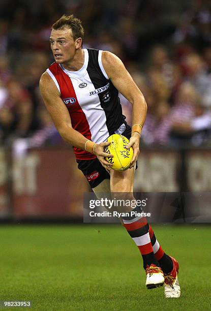 Brendon Goddard of the Saints runs with the ball during the round two AFL match between the St Kilda Saints and the North Melbourne Kangaroos at...