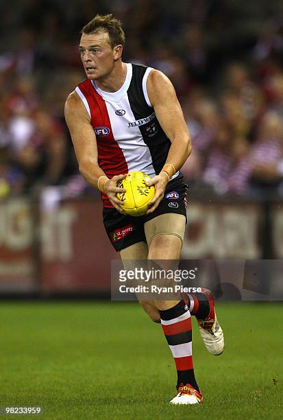 Brendon Goddard of the Saints runs with the ball during the round two AFL match between the St Kilda Saints and the North Melbourne Kangaroos at...
