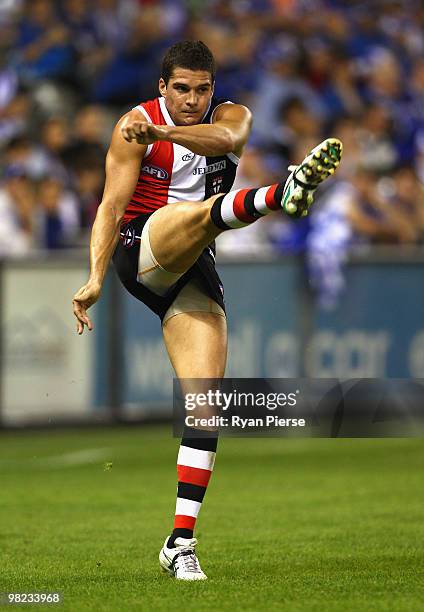 Leigh Montagna of the Saints kicks during the round two AFL match between the St Kilda Saints and the North Melbourne Kangaroos at Etihad Stadium on...