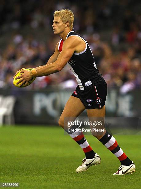 Nick Riewoldt of the Saints kicks during the round two AFL match between the St Kilda Saints and the North Melbourne Kangaroos at Etihad Stadium on...