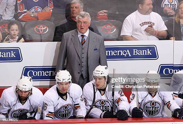 Head coach Pat Quinn of the Edmonton Oilers looks on from the bench during the NHL game against the Phoenix Coyotes at Jobing.com Arena on April 3,...