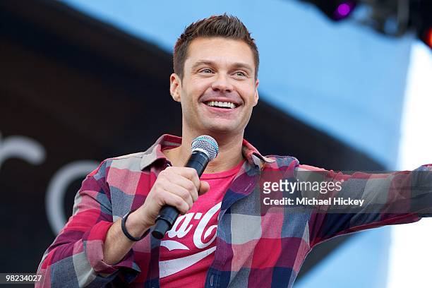 Ryan Seacrest is seen on stage during day 2 of the 2010 NCAA Big Dance Concert Series at White River State Park on April 3, 2010 in Indianapolis,...