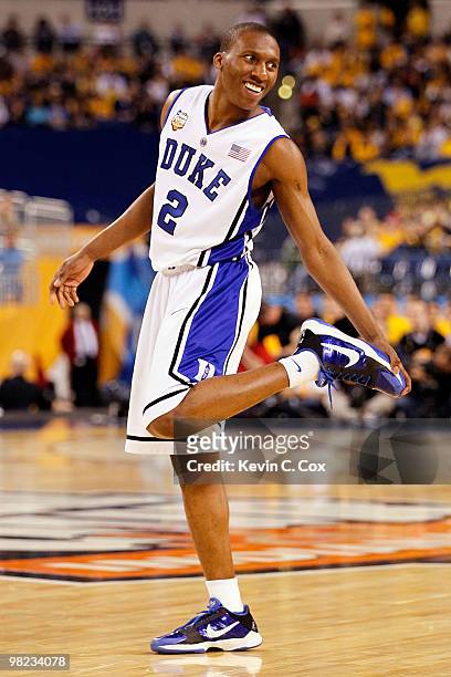 Nolan Smith of the Duke Blue Devils reacts in the second half while taking on the West Virginia Mountaineers during the National Semifinal game of...