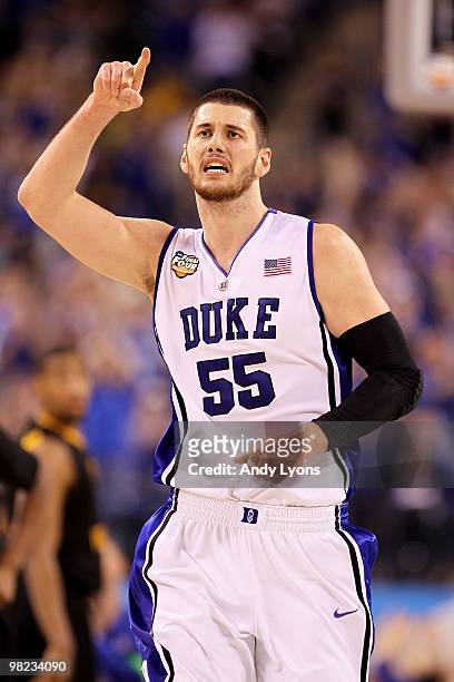 Brian Zoubek of the Duke Blue Devils gestures as he reacts to an offensive play in the second half against the West Virginia Mountaineers during the...