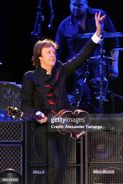 Paul McCartney performs on stage at Sun Life Stadium on April 3, 2010 in Miami, Florida.