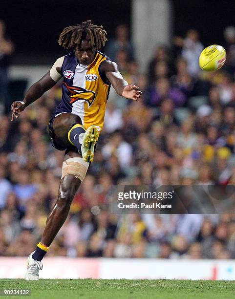 Nic Naitanui of the Eagles clears the ball during the round two AFL match between the West Coast Eagles and Port Adelaide Power at Subiaco Oval on...