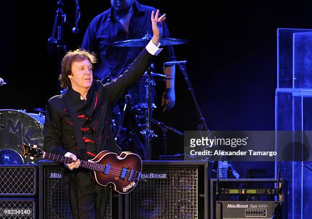Paul McCartney performs on stage at Sun Life Stadium on April 3, 2010 in Miami, Florida.