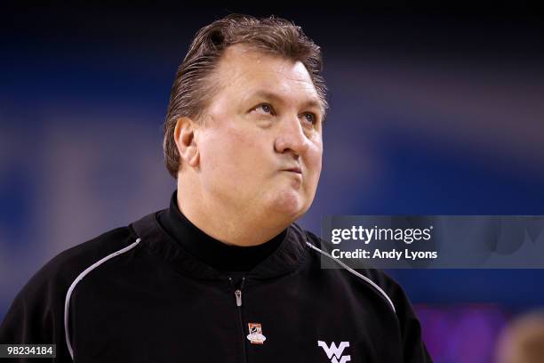 Head coach Bob Huggins of the West Virginia Mountaineers looks on after they lost 78-57 against the Duke Blue Devils during the National Semifinal...