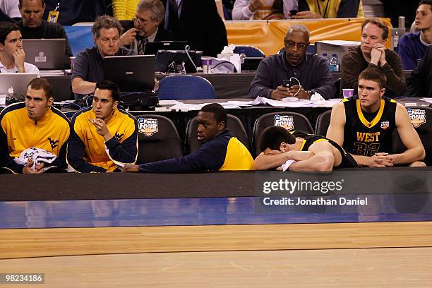 The West Virginia Mountaineers bench reacts late in the second half while taking on the Duke Blue Devils during the National Semifinal game of the...