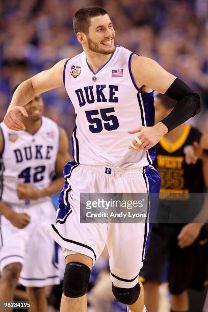 Brian Zoubek of the Duke Blue Devils reacts against the West Virginia Mountaineers during the National Semifinal game of the 2010 NCAA Division I...
