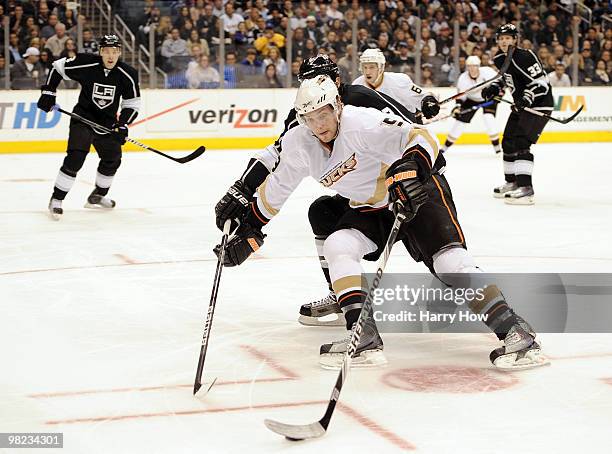 Bobby Ryan of the Anaheim Ducks breaks in on goal against the Los Angeles Kings during the first period at the Staples Center on April 3, 2010 in Los...