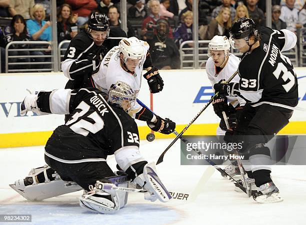 Corey Perry of the Anaheim Ducks is stopped on a shot by Jonathan Quick of the Los Angeles Kings during the fist period at the Staples Center on...