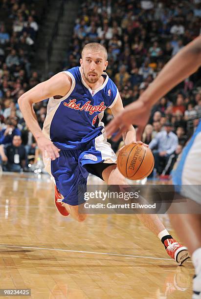 Steve Blake of the Los Angeles Clippers goes to the basket against the Denver Nuggets on April 3, 2010 at the Pepsi Center in Denver, Colorado. NOTE...