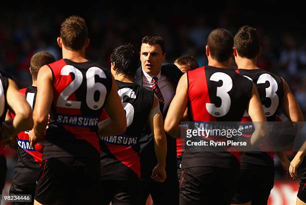 Former Essendon Champion Matthew Lloyd speaks with the Bombers players before the round two AFL match between the Essendon Bombers and the Fremantle...