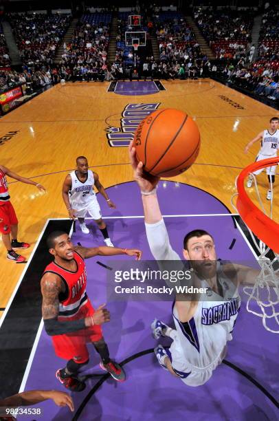 Andres Nocioni of the Sacramento Kings gets to the basket against LaMarcus Aldridge of the Portland Trail Blazers on April 3, 2010 at ARCO Arena in...