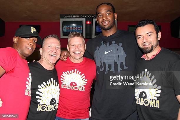 Josh Powell of the Los Angeles Lakers poses for a photo with fans during the HOLA Bowla event on April 3, 2010 at Pinz Bowling Alley in Studio City,...