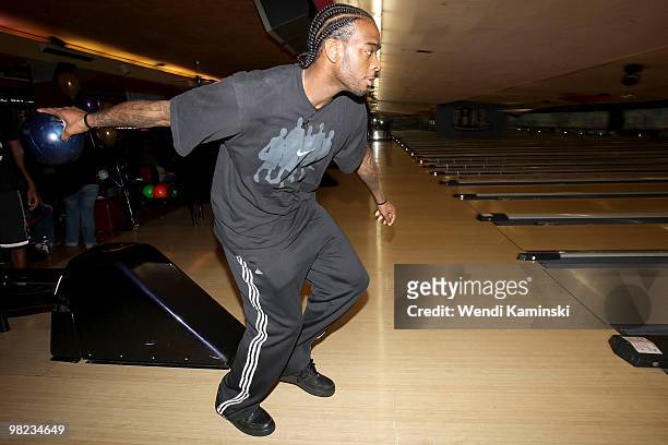 Josh Powell of the Los Angeles Lakers bowls during the HOLA Bowla event on April 3, 2010 at Pinz Bowling Alley in Studio City, California. NOTE TO...