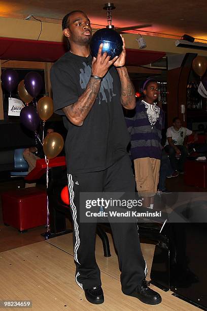 Josh Powell of the Los Angeles Lakers prepares to bowl during the HOLA Bowla event on April 3, 2010 at Pinz Bowling Alley in Studio City, California....