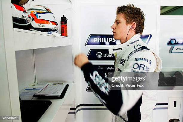 Nico Huelkenburg of Germany and Williams is seen during qualifying for the Malaysian Formula One Grand Prix at the Sepang Circuit on April 3, 2010 in...