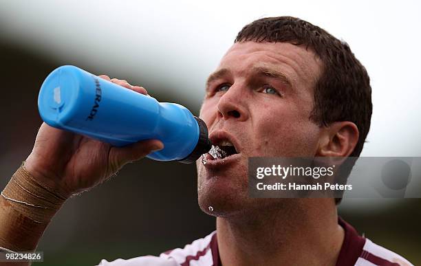 Jason King of the Sea Eagles takes a drink during the round four NRL match between the New Zealand Warriors and the Manly Sea Eagles at Mt Smart...