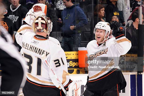 Curtis McElhinney and Saku Koivu of the Anaheim Ducks celebrate after defeating the Los Angeles Kings on April 3, 2010 at Staples Center in Los...