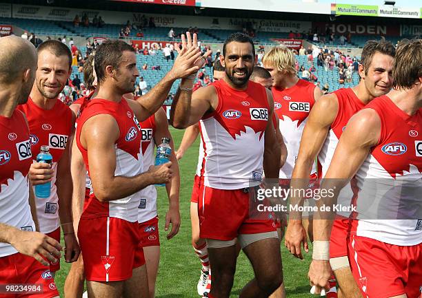 Swans players celebrate their win after the round two AFL match between the Adelaide Crows and the Sydney Swans at AAMI Stadium on April 4, 2010 in...