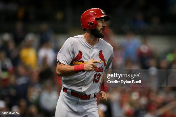 Matt Carpenter of the St. Louis Cardinals rounds the bases after hitting a home run in the first inning against the Milwaukee Brewers at Miller Park...