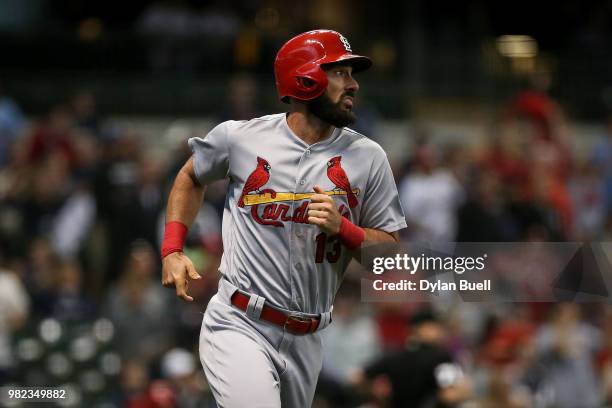 Matt Carpenter of the St. Louis Cardinals rounds the bases after hitting a home run in the first inning against the Milwaukee Brewers at Miller Park...
