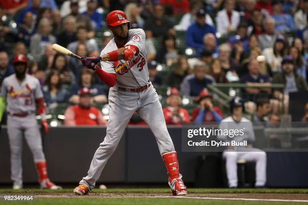 Jose Martinez of the St. Louis Cardinals strikes out in the first inning against the Milwaukee Brewers at Miller Park on June 21, 2018 in Milwaukee,...