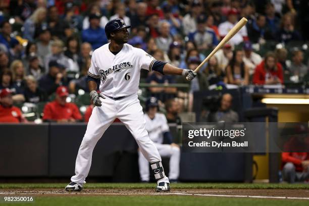 Lorenzo Cain of the Milwaukee Brewers bats in the first inning against the St. Louis Cardinals at Miller Park on June 21, 2018 in Milwaukee,...