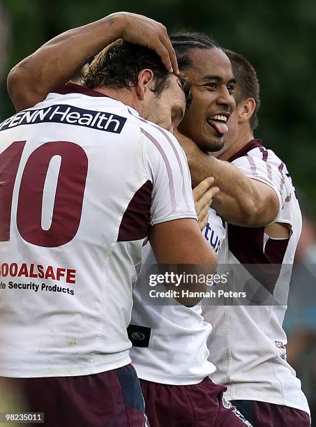 Steve Matai of the Sea Eagles celebrates with Josh Perry and Kieran Foran after scoring during the round four NRL match between the New Zealand...