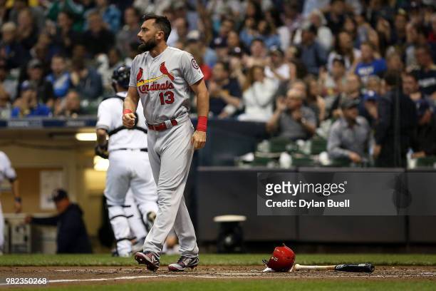 Matt Carpenter of the St. Louis Cardinals reacts after striking out in the third inning against the Milwaukee Brewers at Miller Park on June 21, 2018...