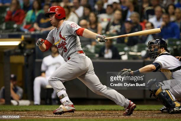 Jedd Gyorko of the St. Louis Cardinals grounds out in the fifth inning against the Milwaukee Brewers at Miller Park on June 21, 2018 in Milwaukee,...