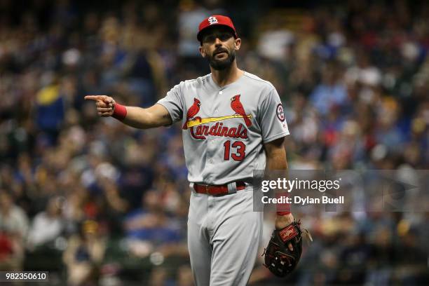 Matt Carpenter of the St. Louis Cardinals reacts to a call in the seventh inning against the Milwaukee Brewers at Miller Park on June 21, 2018 in...