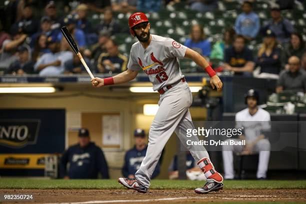 Matt Carpenter of the St. Louis Cardinals draws a walk in the eighth inning against the Milwaukee Brewers at Miller Park on June 21, 2018 in...