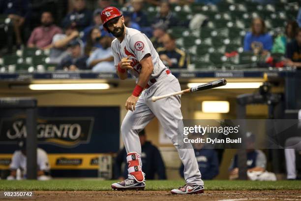 Matt Carpenter of the St. Louis Cardinals draws a walk in the eighth inning against the Milwaukee Brewers at Miller Park on June 21, 2018 in...