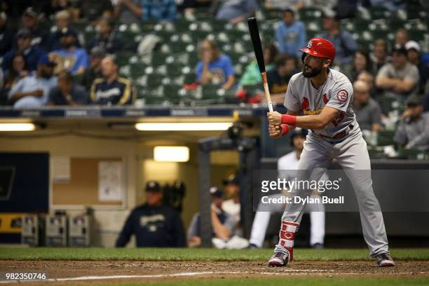 Matt Carpenter of the St. Louis Cardinals bats in the eighth inning against the Milwaukee Brewers at Miller Park on June 21, 2018 in Milwaukee,...