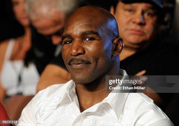 Boxer Evander Holyfield appears during an undercard of the Bernard Hopkins-Roy Jones Jr. Fight at the Mandalay Bay Events Center April 3, 2010 in Las...