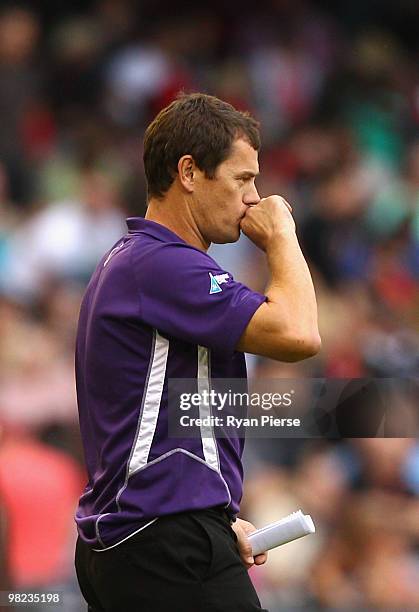 Mark Harvey, coach of the Dockers, looks on during the round two AFL match between the Essendon Bombers and the Fremantle Dockers at Etihad Stadium...