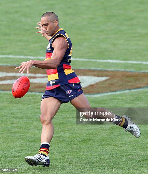 Andrew McLeod of the Crows kicks during the round two AFL match between the Adelaide Crows and the Sydney Swans at AAMI Stadium on April 4, 2010 in...