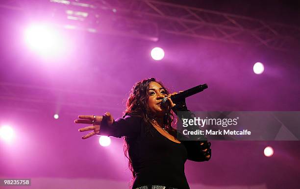 Jessica Mauboy performs on stage during Day 4 of Bluesfest 2010 at Tyagarah Tea Tree Farm on April 4, 2010 in Byron Bay, Australia.