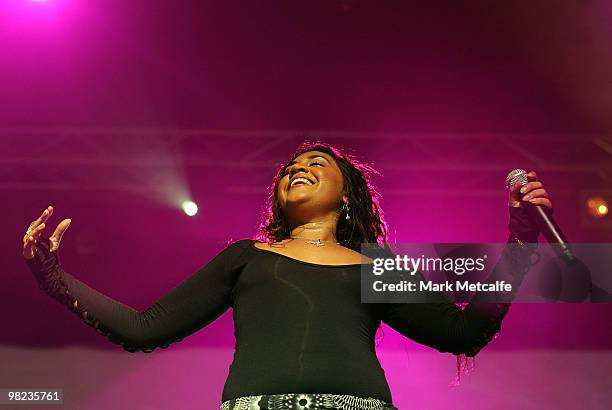 Jessica Mauboy performs on stage during Day 4 of Bluesfest 2010 at Tyagarah Tea Tree Farm on April 4, 2010 in Byron Bay, Australia.